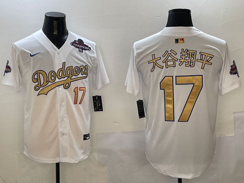 Men Los Angeles Dodgers #17 Ohtani White Champion gold character 2025 Nike MLB Jersey style 7->los angeles dodgers->MLB Jersey
